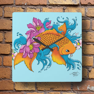 Koi en bloemen vierkante klok