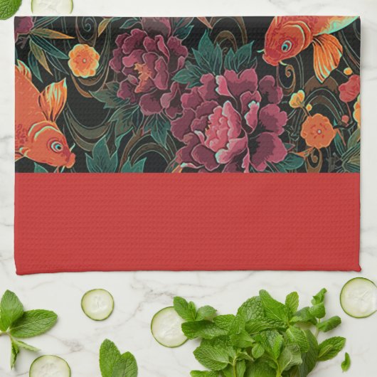 Koi en Peonies Kitchen Theedoek (Gevouwen)