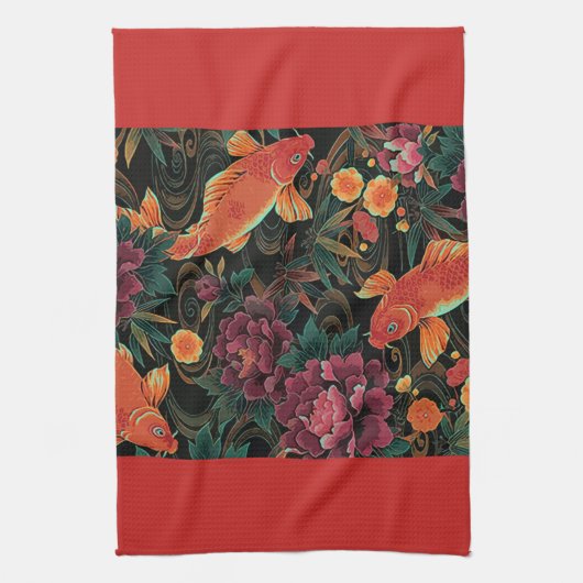 Koi en Peonies Kitchen Theedoek (Verticaal)