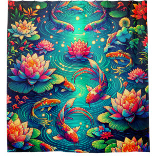 "Koi Fish and Lotus Flowers - Levendige Aquatische Douchegordijn