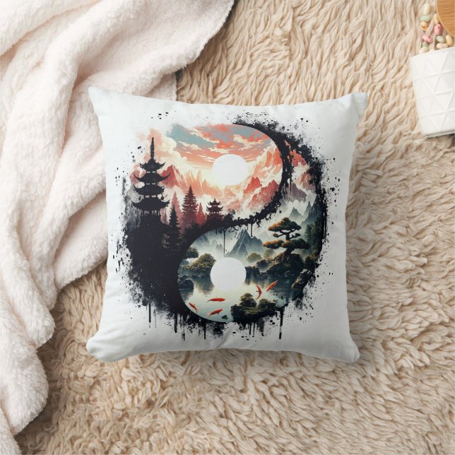 Koi Fish and Temple Yin Yang Kussen (Deken)