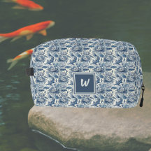 Koi Fish and Water Lily Blue Chinoiserie Monogram