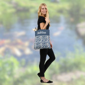 Koi Fish and Water Lily Blue Chinoiserie Monogram Tote Bag