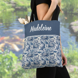 Koi Fish and Water Lily Blue Chinoiserie Monogram Tote Bag