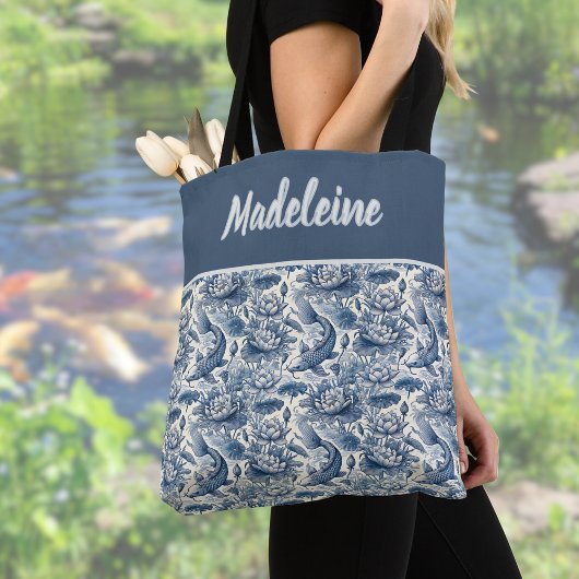 Koi Fish and Water Lily Blue Chinoiserie Monogram Tote Bag