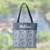 Koi Fish and Water Lily Blue Chinoiserie Monogram Tote Bag