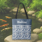 Koi Fish and Water Lily Blue Chinoiserie Monogram Tote Bag