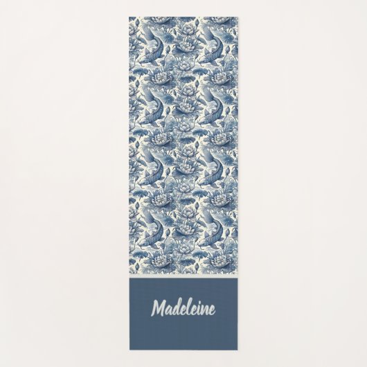 Koi Fish and Water Lily Blue Chinoiserie Monogram Yogamat (Voorkant)