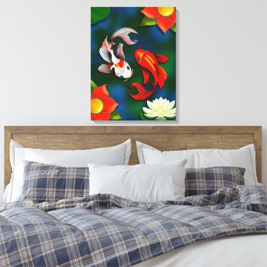 Koi fish and White Lotus Lily Pad Pond Canvas Afdruk (Insitu (Slaapkamer))
