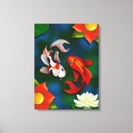 Koi fish and White Lotus Lily Pad Pond Canvas Afdruk (Voorkant)