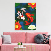 Koi fish and White Lotus Lily Pad Pond Canvas Afdruk (Insitu (Woonkamer))
