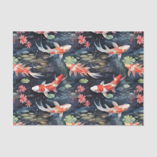 Koi Fish Donkere Vijver Bloemen Decoupage Tissuepapier (Voorkant)