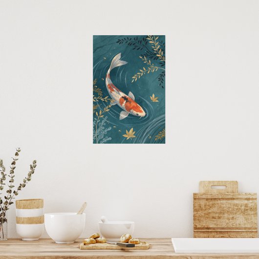 Koi Fish Golden Leaves Poster (Keuken)