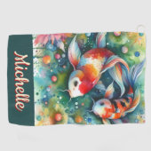 Koi Fish grillige Waterverf gepersonaliseerd Golfhanddoek (Horizontaal)