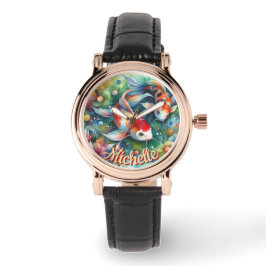Koi Fish grillige Waterverf Sinaasappel gepersonal Horloge