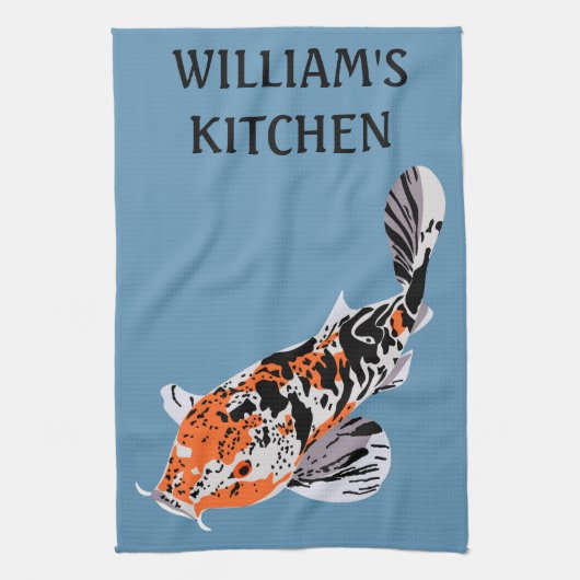 Koi Fish Illustration Oranje and Blue Personalized Theedoek (Verticaal)
