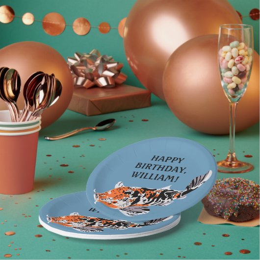 Koi Fish Illustration Oranje, Blue Birthday Party Papieren Bordje (Multi)