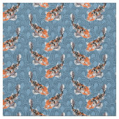 Koi Fish Illustrations on Blue Patterned Stof (Close Up)