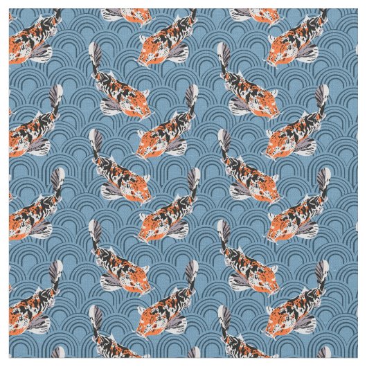 Koi Fish Illustrations on Blue Patterned Stof (Close Up)
