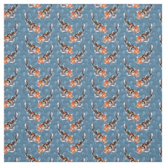 Koi Fish Illustrations on Blue Patterned Stof (Swatch)