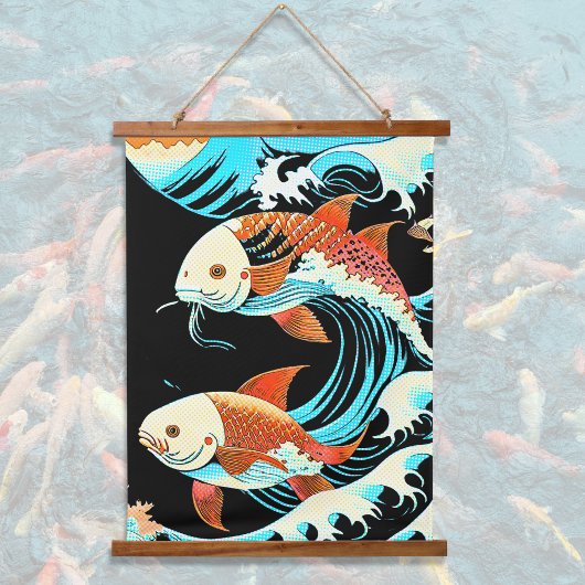 Koi Fish in a Great Wave Comic Book Style  Hangend Wandkleed