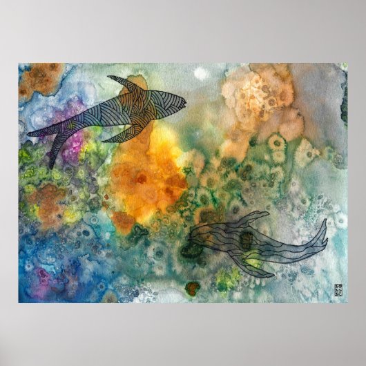 Koi Fish Line Art Waterverf Poster (Voorkant)