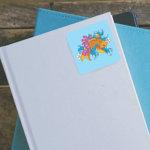 Koi Fish Lotus Kersenbloesem Vierkante Sticker