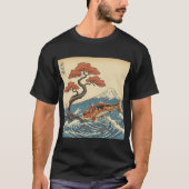 Koi Fish Ocean met dolfijnen en Japanse bergen T-shirt (Voorkant)