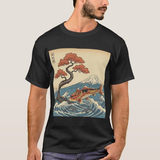 Koi Fish Ocean met dolfijnen en Japanse bergen T-shirt (Voorkant)