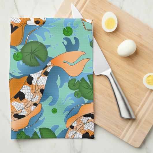 Koi Fish & Pond Lilies - Aangepast Theedoek (Quarter Fold)