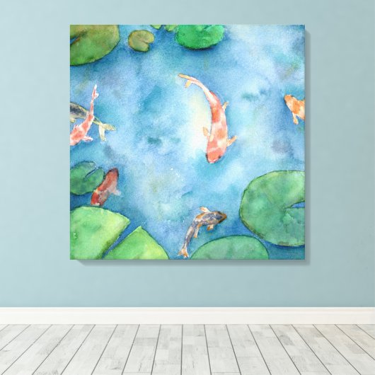 Koi Fish Pond watercolor Canvas Afdruk (Insitu (Houten vloer))