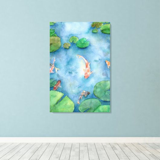 Koi Fish Pond watercolor Canvas Afdruk (Insitu (Houten vloer))