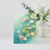Koi Fish Swimming in Turquoise Lotus Pond Briefkaart (Staand voorkant)