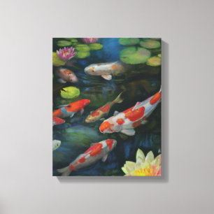 Koi Fish Swimming Lotus Flower Pond Zen Painting Canvas Afdruk
