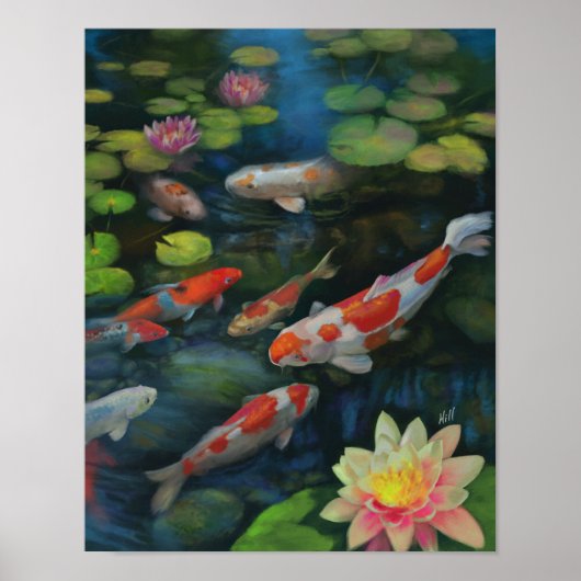 Koi Fish Swimming Lotus Flower Pond Zen Painting Poster (Voorkant)