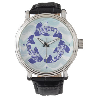 Koi Fish Watch zwart lederen band Horloge