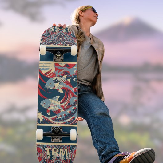 Koi Fish with Red Blue Crazy Pattern Monogram Persoonlijk Skateboard