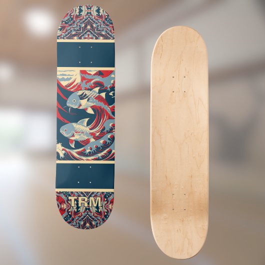 Koi Fish with Red Blue Crazy Pattern Monogram Persoonlijk Skateboard