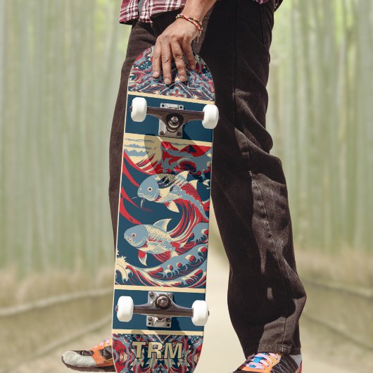 Koi Fish with Red Blue Crazy Pattern Monogram Persoonlijk Skateboard