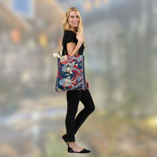 Koi Fish with Red Blue Great Wave Monogram Tote Bag