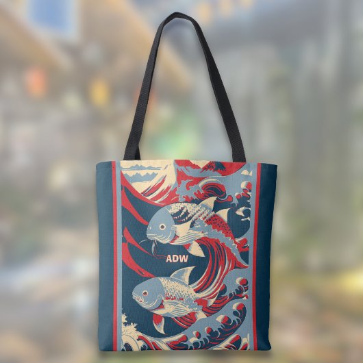 Koi Fish with Red Blue Great Wave Monogram Tote Bag