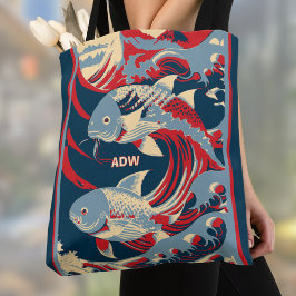 Koi Fish with Red Blue Great Wave Monogram Tote Bag