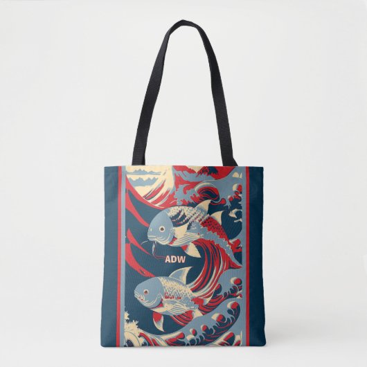 Koi Fish with Red Blue Great Wave Monogram Tote Bag (Voorkant)