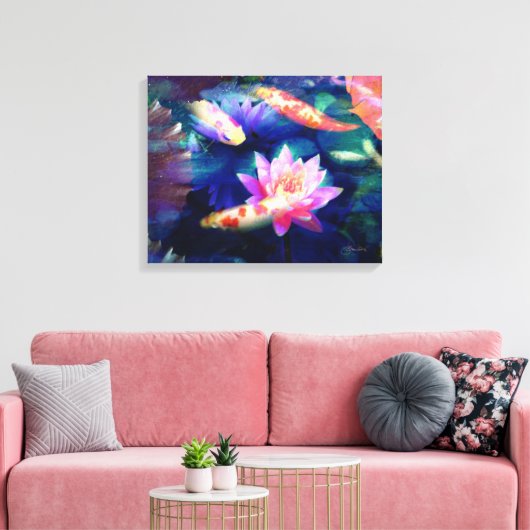 Koi in lotusvijver canvas afdruk (Insitu (Woonkamer))
