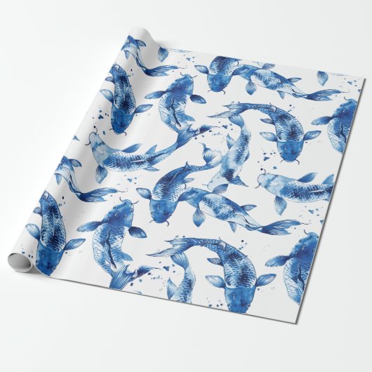 Koi indigo shibori-patroon cadeaupapier (Uitgerold)