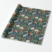 Koi Pond and Lotus Flowers Pattern, Elegant Nature Cadeaupapier (Uitgerold)