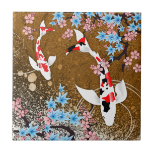 Koi Pond - hout - Japanse Design Ceramic Tile (A) Tegeltje