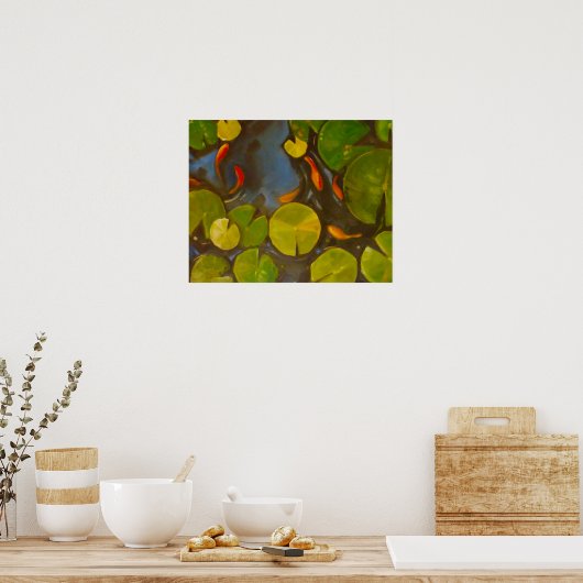 Koi Pond met lendenkussens en kleine vissen Poster (Keuken)