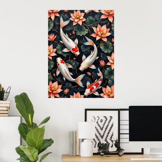 Koi Vis en Lotus Bloemen Poster (Thuiskantoor)