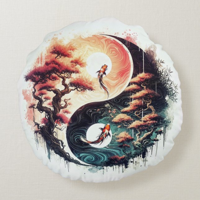 Koi-vis en tempel Yin Yang Rond Kussen (Achterkant)